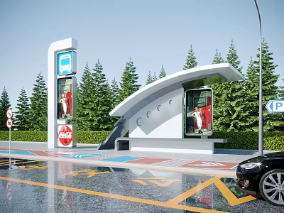 Modern Bus Station With Covered Shelter Signage Green Pine Trees And Road Markings 3d model