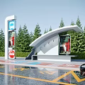 Modern Bus Station With Covered Shelter Signage Green Pine Trees And Road Markings