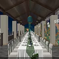 Elegant Chinese Style Banquet Hall With Tables Chairs And Traditional Lantern Decorations