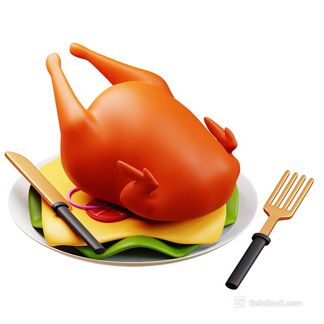 Delicious Roast Chicken Served On White Plate With Fresh Lettuce Tomato Slices Knife And Fork 3d model 