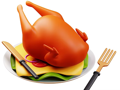 Delicious Roast Chicken Served On White Plate With Fresh Lettuce Tomato Slices Knife And Fork 3d model