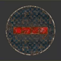 Red Cabinet With Multiple Doors Worn Surface And Stickers On Circular Blue White Checkered Base