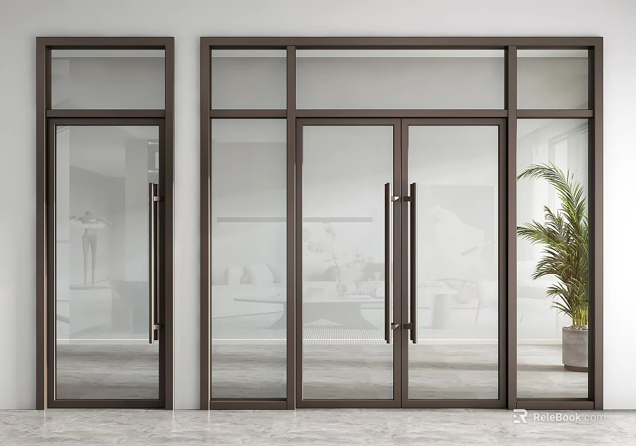 Modern Double Doors With Glass Panels And Dark Frame In Bright Interior Space 3d model 