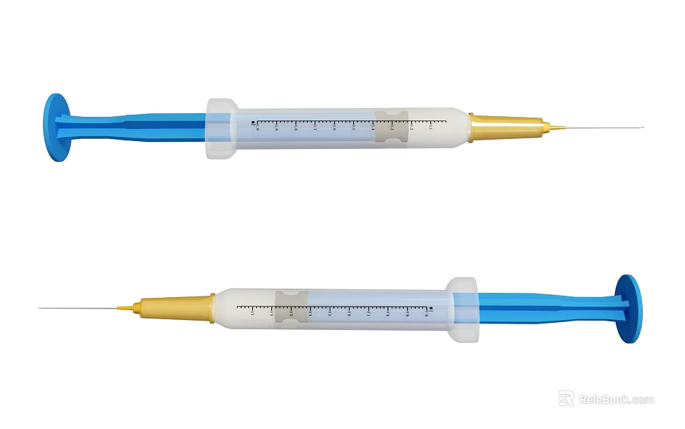 Medical Syringes With Blue And White Design Gold Tip And Graduated Scale 3d model 