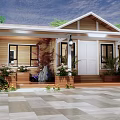 Rustic Wooden Cottage With Gray Roof Green Plants Stone Tile Courtyard And Pergola