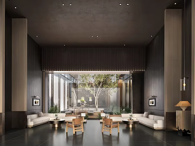 Modern Lounge Area Featuring Dark Walls Large Windows Tree Outside Comfortable Sofas and Wooden Chairs 3d model