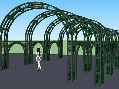 Green Metal Pergola Featuring Multiple Arched Structures Intricate Openwork And Spacious Walkway 3d model