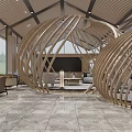 Front Desk Reception Area With Modern Wooden Ceiling Large Windows Marble Floor Water Feature And Small Tree