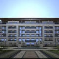 Modern Chinese Style Residential Building With Multiple Floors Balconies Stone Pathway And Landscaped Garden