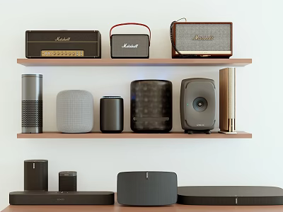 Multiple Audio Speakers On Wooden Shelves With Various Modern Vintage Designs 3d model