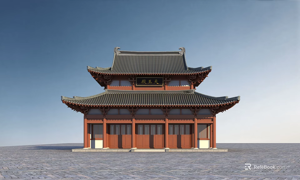 Ancient Chinese Traditional Architecture With Two Story Structure Black Tiled Roof And Red Wooden Walls 3d model 