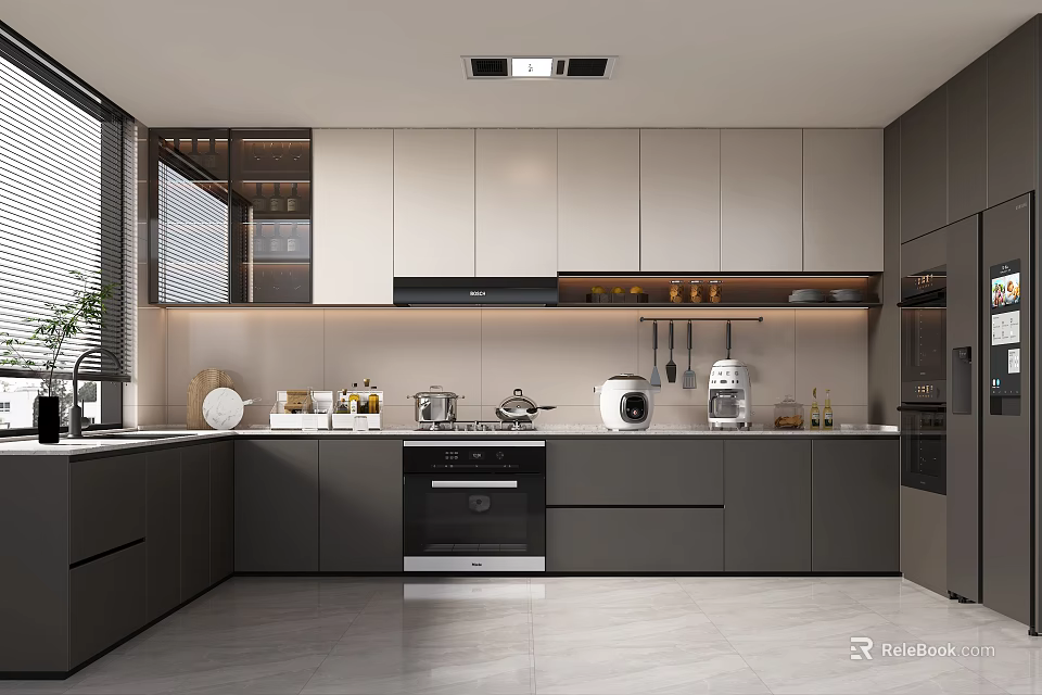 Modern Kitchen Interior With Gray White Cabinets Built In Appliances And Quartz Countertop 3d model 