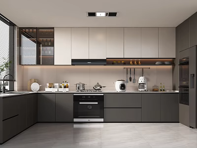 Modern Kitchen Interior With Gray White Cabinets Built In Appliances And Quartz Countertop 3d model