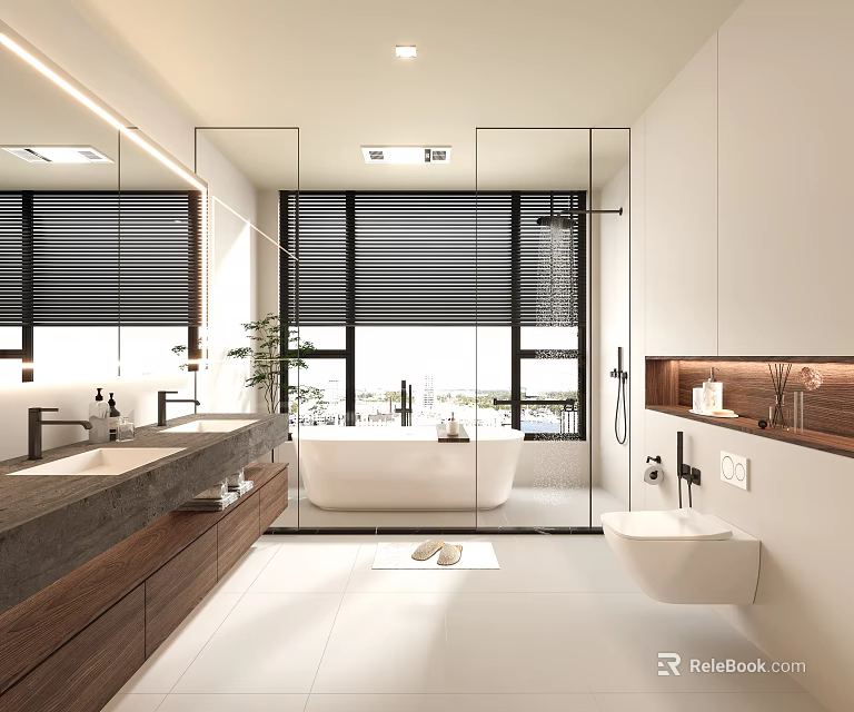 Modern Bathroom Interior with double vanities bathtub glass shower wooden cabinets and white floor tiles 3d model 