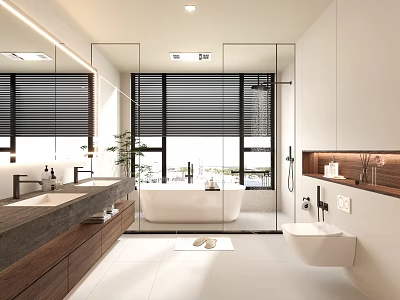 Modern Bathroom Interior with double vanities bathtub glass shower wooden cabinets and white floor tiles 3d model