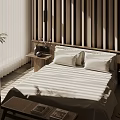 Modern Double Bed Interior with Striped Headboard Striped Sheet White Pillows Nightstands and Lamps