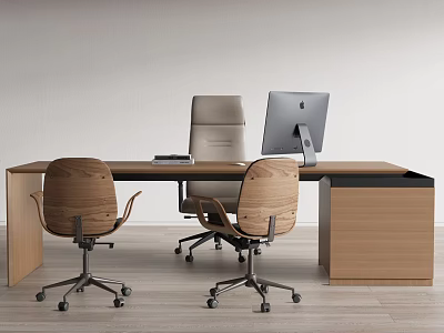 Modern Office Desk Interior With Wooden Surface Computer Monitor And Two Chairs 3d model