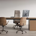 Modern Office Desk Interior With Wooden Surface Computer Monitor And Two Chairs