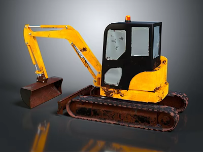 Yellow Mini Excavator with Black Cab Rusty Tracks and Brown Bucket 3d model