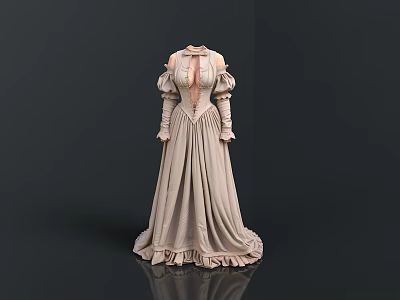 Elegant Beige Dress With Puffed Sleeves Fitted Waist And Pleated Skirt 3d model