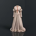 Elegant Beige Dress With Puffed Sleeves Fitted Waist And Pleated Skirt