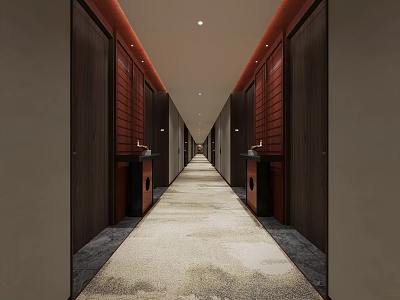 Long Corridor Interior With Dark Wooden Doors Patterned Carpet And Recessed Lighting 3d model