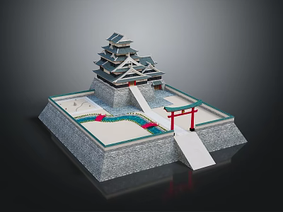 Traditional Ancient Architecture Model Featuring Multi tiered Pagoda Red Torii Gate And Stone Base 3d model