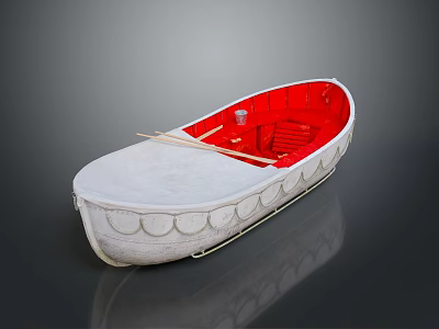 White Hull Boat With Red Interior Two Oars And Small Bucket 3d model