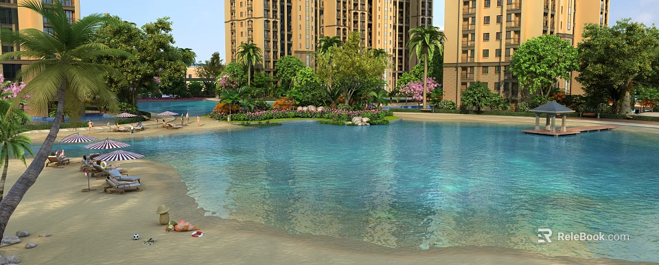 Garden Landscape With High-Rise Residential Buildings Palm Trees Green Plants Flowers And Swimming Pool 3d model 