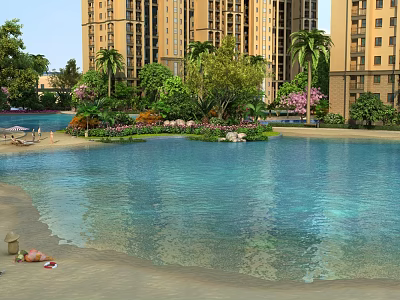 Garden Landscape With High-Rise Residential Buildings Palm Trees Green Plants Flowers And Swimming Pool 3d model