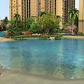 Garden Landscape With High-Rise Residential Buildings Palm Trees Green Plants Flowers And Swimming Pool