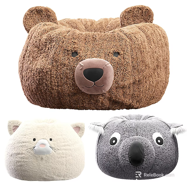 Plush Animal Shaped Bean Bag Chair With Brown Bear White Cat And Gray Koala Designs 3d model 