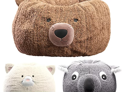 Plush Animal Shaped Bean Bag Chair With Brown Bear White Cat And Gray Koala Designs 3d model