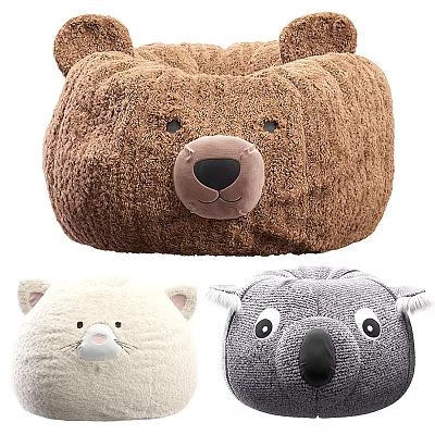 Plush Animal Shaped Bean Bag Chair With Brown Bear White Cat And Gray Koala Designs 3d model