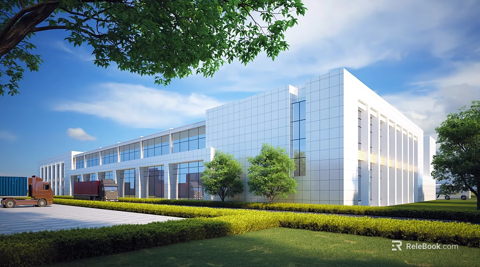 Industrial Factory Building With White Exterior Walls Large Windows Green Trees Lawn And Blue Sky 3d model 