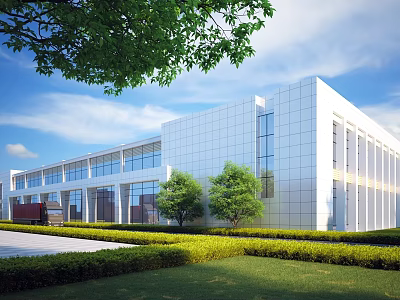 Industrial Factory Building With White Exterior Walls Large Windows Green Trees Lawn And Blue Sky 3d model