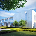 Industrial Factory Building With White Exterior Walls Large Windows Green Trees Lawn And Blue Sky