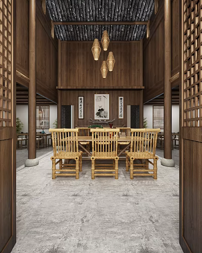 Traditional Chinese Teahouse Interior With Wooden Beams Bamboo Furniture And Calligraphy Decor 3d model