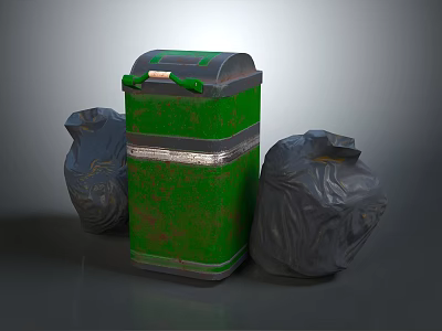 Green Household Trash Bin With Two Black Garbage Bags For Daily Use 3d model