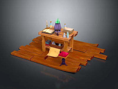 Wooden Dining Table With Candles Green Bottle Books And Cushions On Wooden Planks 3d model