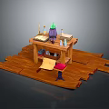 Wooden Dining Table With Candles Green Bottle Books And Cushions On Wooden Planks