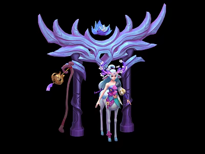 Graceful Female Character with Shining Creature and Purple Ornate Arch Decorations 3d model