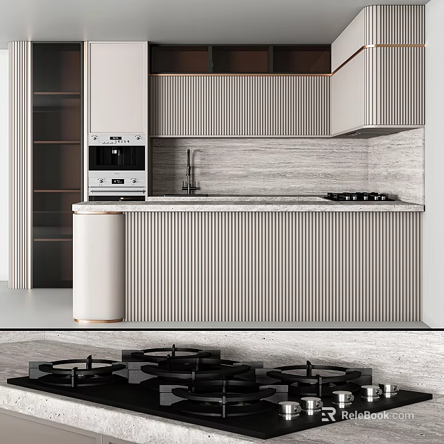Modern Kitchen Interior With Striped Cabinets Built in Oven And Sleek Countertop 3d model 