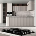 Modern Kitchen Interior With Striped Cabinets Built in Oven And Sleek Countertop