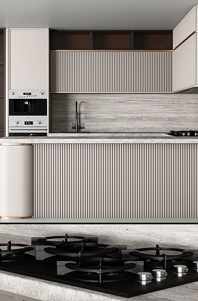 Modern Kitchen Interior With Striped Cabinets Built in Oven And Sleek Countertop 3d model