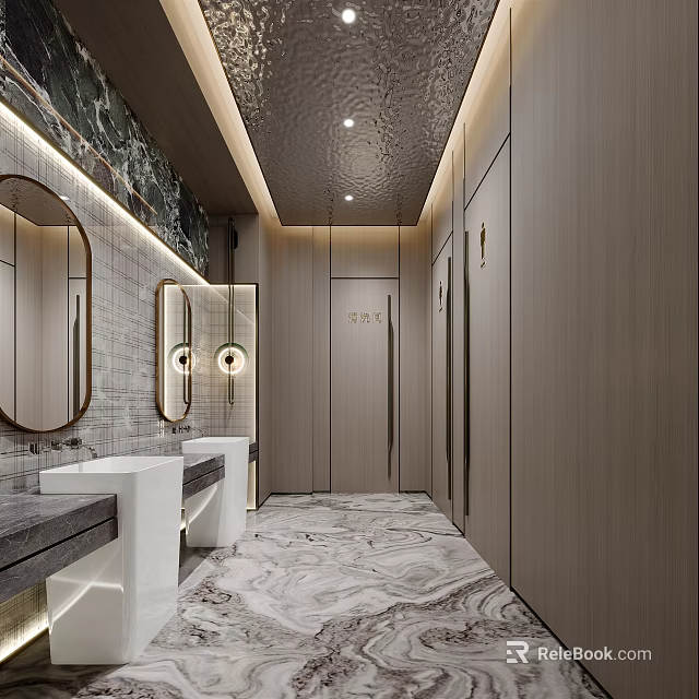 Modern Public Restroom Interior Featuring Marble Floor Washbasins Mirrors And Stalls 3d model 