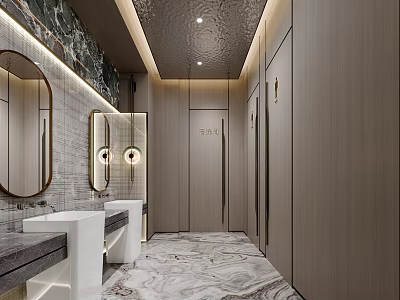 Modern Public Restroom Interior Featuring Marble Floor Washbasins Mirrors And Stalls 3d model