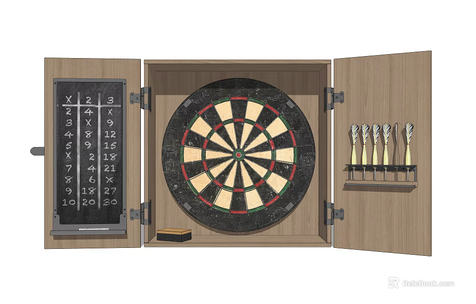 Sports Equipment Dartboard Set In Wooden Cabinet With Scoreboard And Darts Storage Holder 3d model 