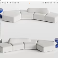 White Curved Modular Sofa with Blue Stools and Glass Floor Lamp 3d model