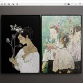 Elegant Female And Group Portrait Paintings With Flowers Black And Colorful Backgrounds